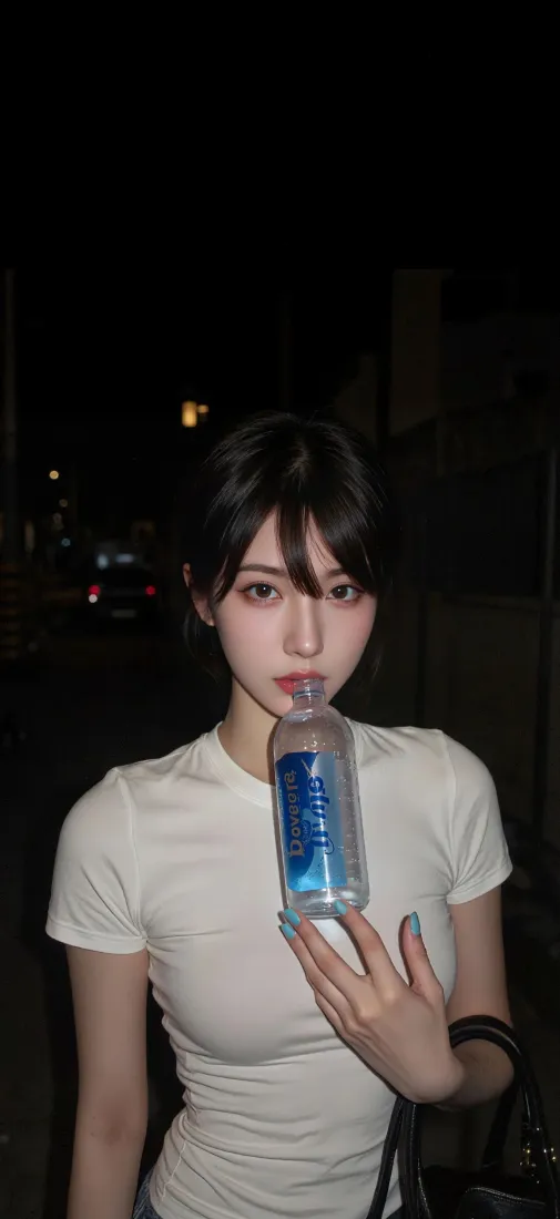 短发美女手机壁纸｜都市夜景背景图 - 手持蓝瓶「哲风壁纸」