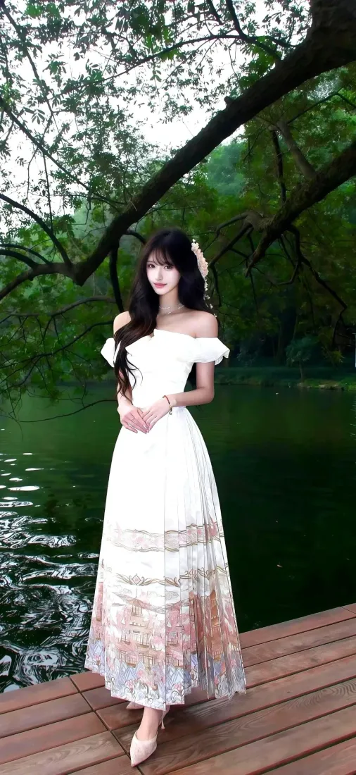 白裙美女手机壁纸｜湖畔背景图片 - 自然风景「哲风壁纸」