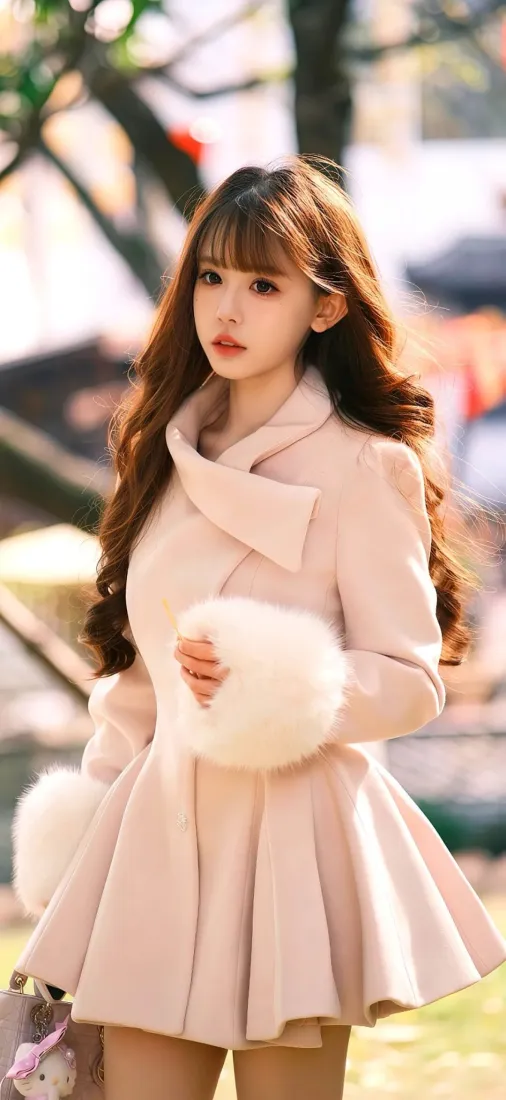 美女街拍手机壁纸｜户外背景 - 浅粉色毛绒外套「哲风壁纸」