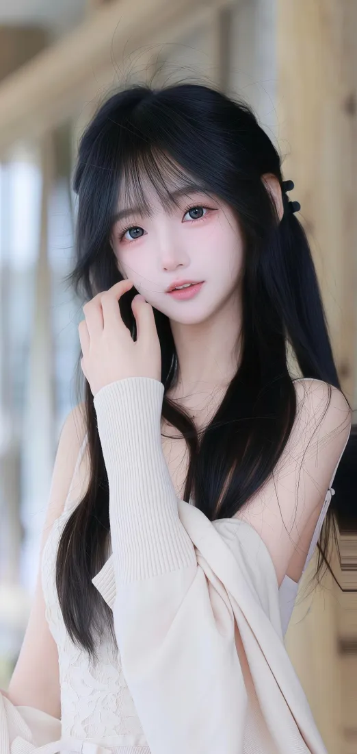 美女手机壁纸｜浅色背景图片 - 黑长直少女「哲风壁纸」