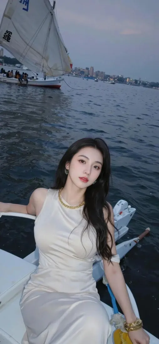 白衣美女手机壁纸｜帆船海景背景 - 黄昏水域「哲风壁纸」