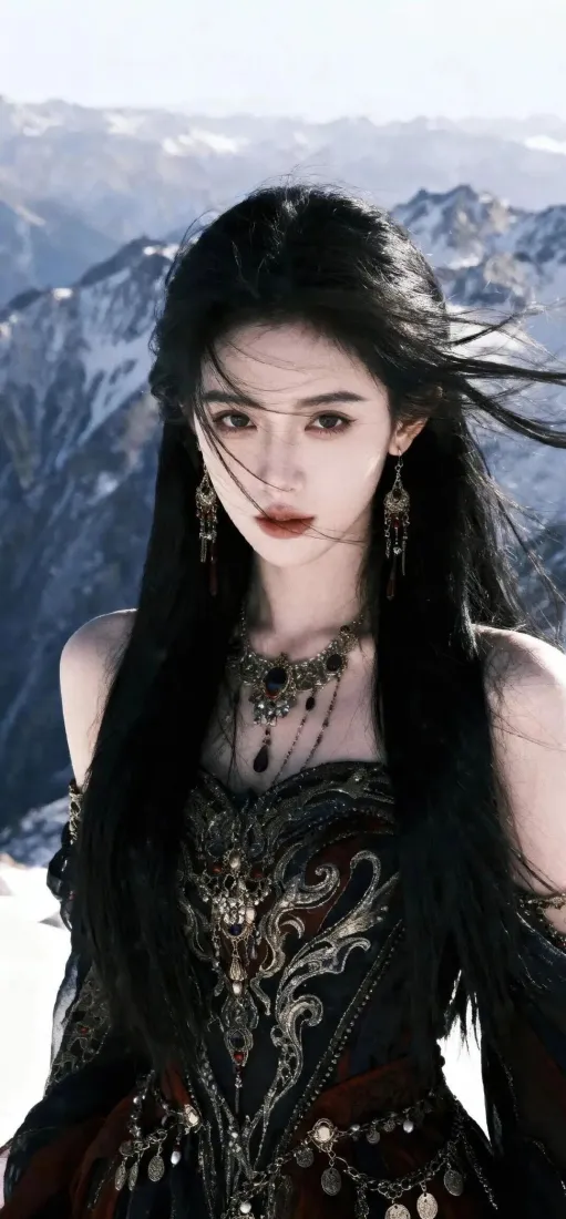 鞠婧祎手机壁纸｜雪山背景图片 - 黑衣美女「哲风壁纸」