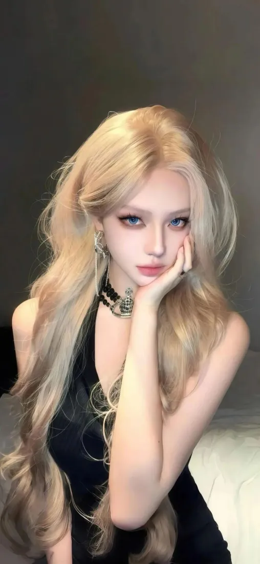 金发美女手机壁纸｜暗色背景图片 - 黑色吊带裙「哲风壁纸」