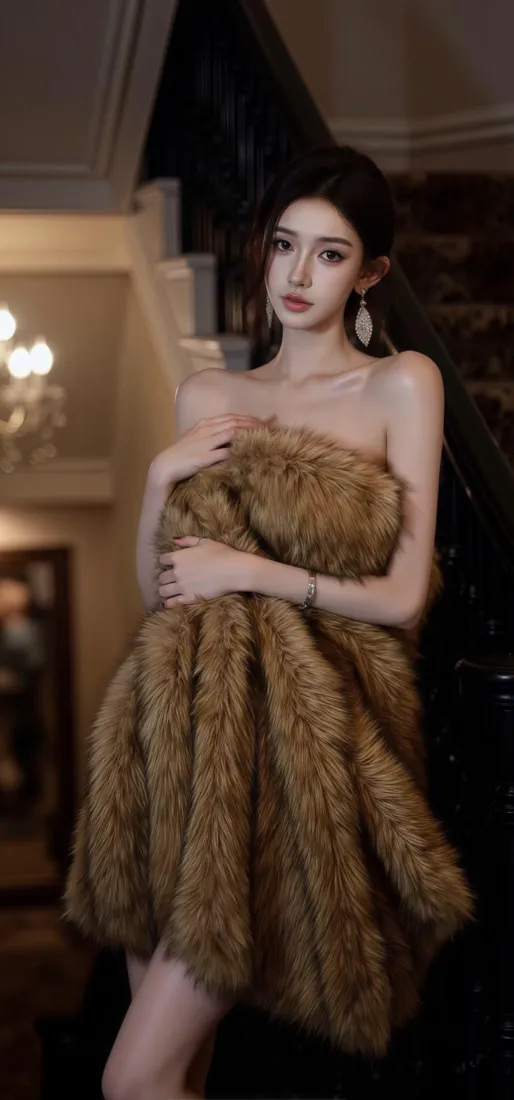 美女手机壁纸｜室内背景图片 - 毛绒裙礼服「哲风壁纸」