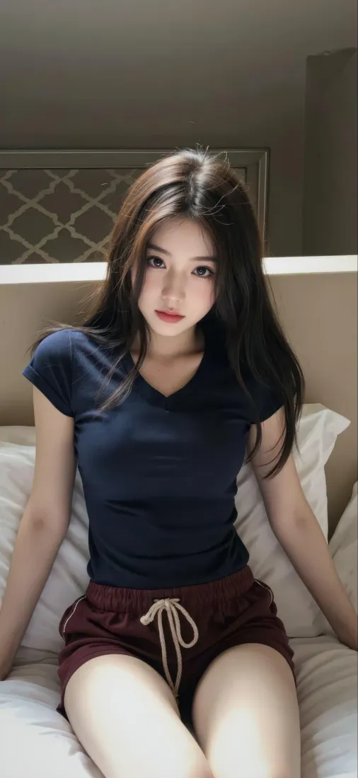 美女手机壁纸｜卧室背景图片 - 深蓝上衣酒红短裤「哲风壁纸」