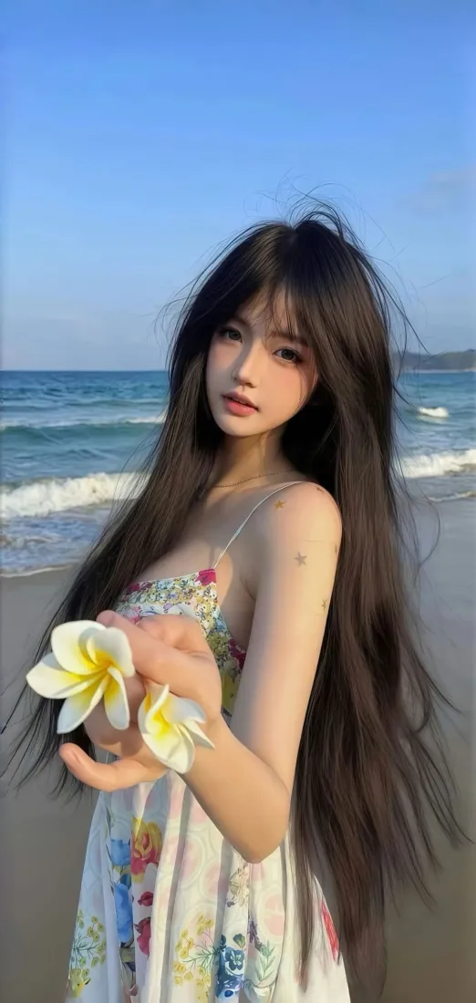 海边花裙美女手机壁纸｜沙滩海景背景图片 - 长发花朵大海「哲风壁纸」