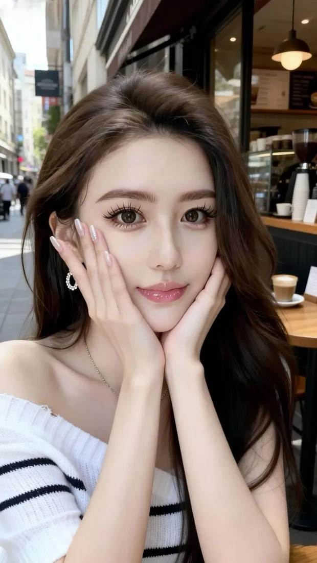 美女手机壁纸｜街道咖啡馆背景图片 - 露肩条纹上衣「哲风壁纸」