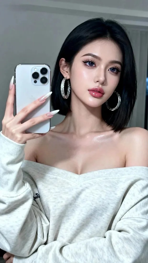 美女Ios自拍手机壁纸｜室内背景图片 - 露肩上衣「哲风壁纸」