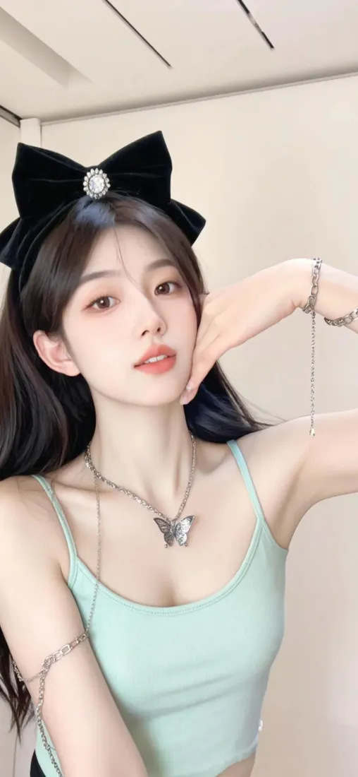 绿衣美女手机壁纸｜清新背景 - 蝴蝶结发饰「哲风壁纸」