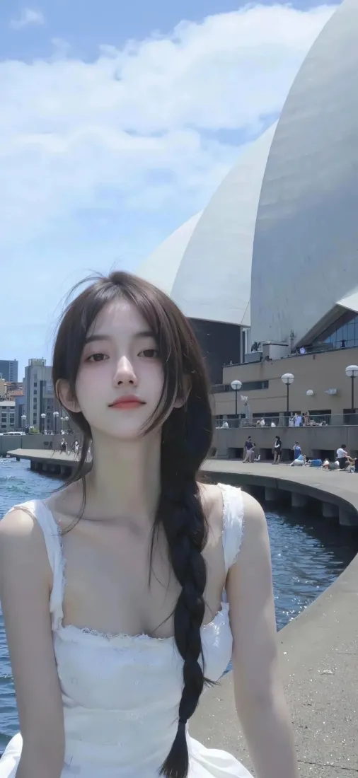 白衣美女手机壁纸｜悉尼歌剧院背景 - 户外风景「哲风壁纸」