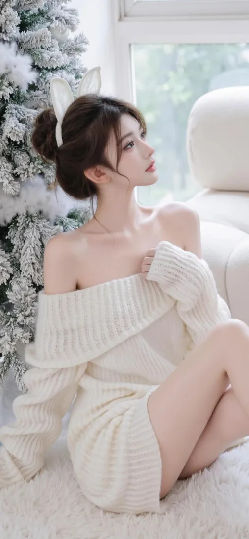 白色毛衣美女手机壁纸｜室内背景图 - 圣诞树冬日「哲风壁纸」