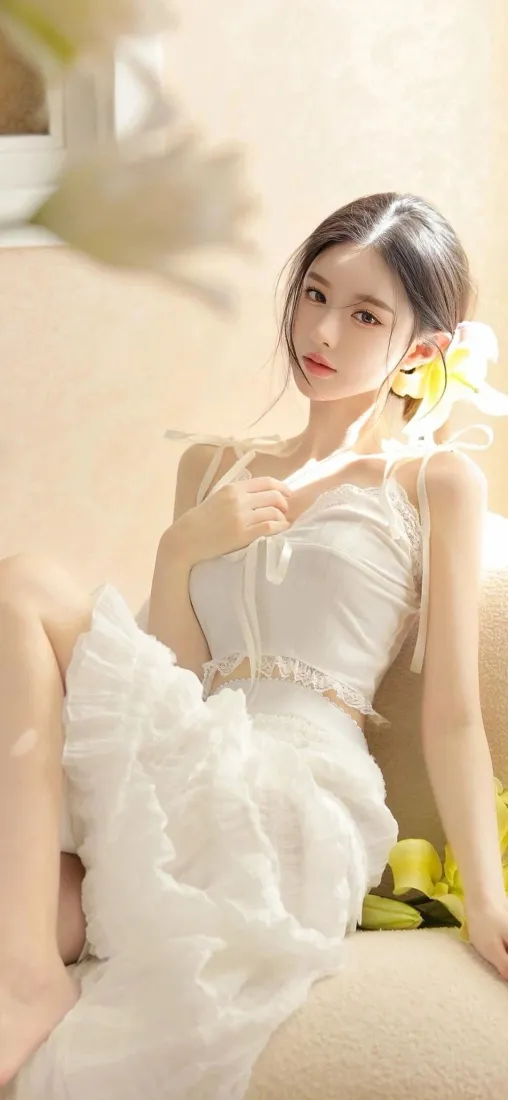 白衣美女手机壁纸｜白裙花束背景图片 - 优雅甜美「哲风壁纸」