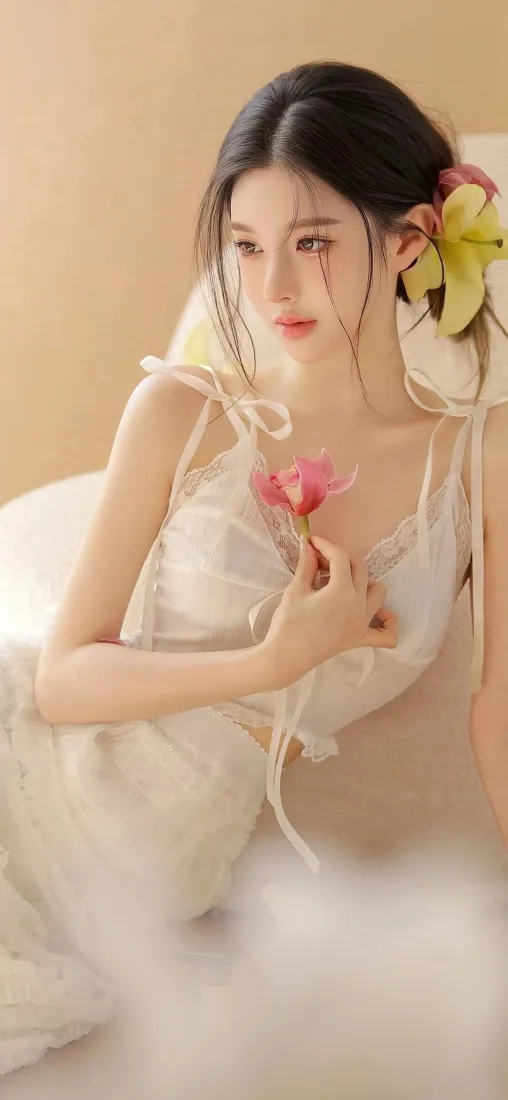 白衣美女手机壁纸｜鲜花背景图片 - 迷人「哲风壁纸」