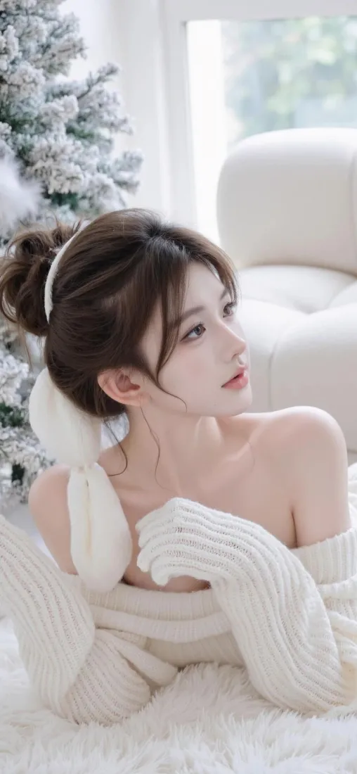 白衣美女手机壁纸｜室内圣诞树背景 - 居家温柔「哲风壁纸」