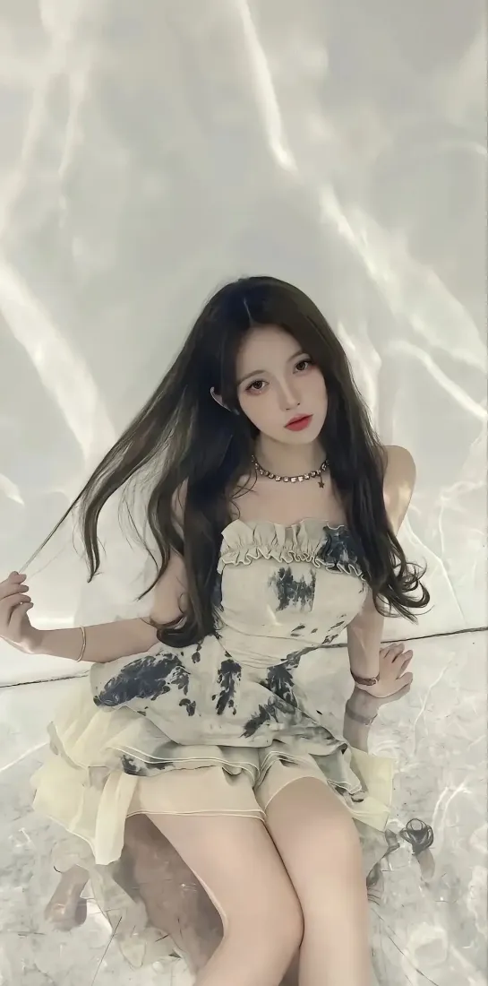 碎花裙美女手机壁纸｜浅色背景图片 - 长发红唇「哲风壁纸」