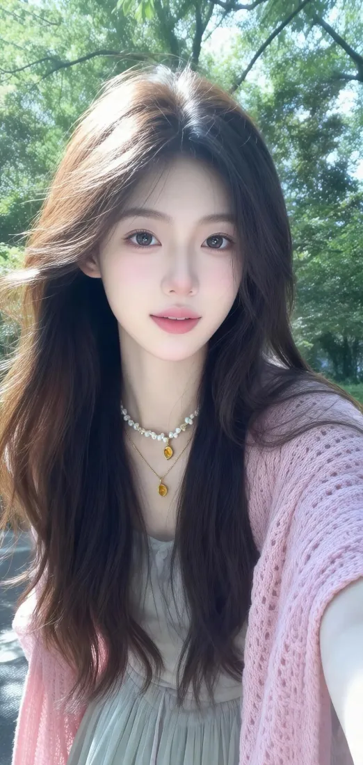 长发美女手机壁纸｜绿树背景图片 - 粉色针织衫「哲风壁纸」