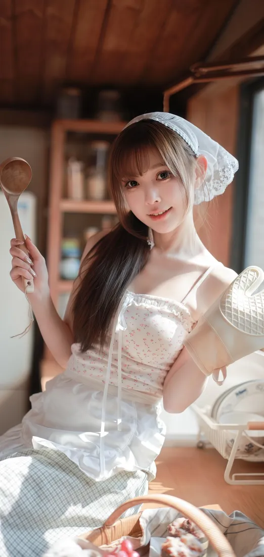 白衣美女手机壁纸｜木质厨房背景图片 - 温馨居家「哲风壁纸」