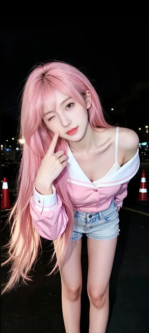 粉色头发美女手机壁纸｜夜景背景 - 粉色穿搭「哲风壁纸」
