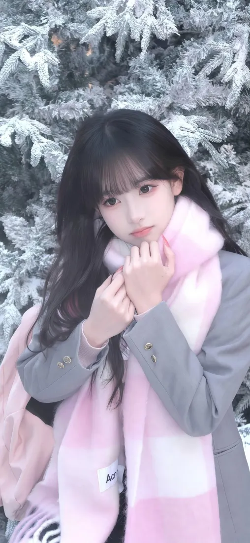 少女手机壁纸｜雪景背景图片 - 粉色围巾美女「哲风壁纸」
