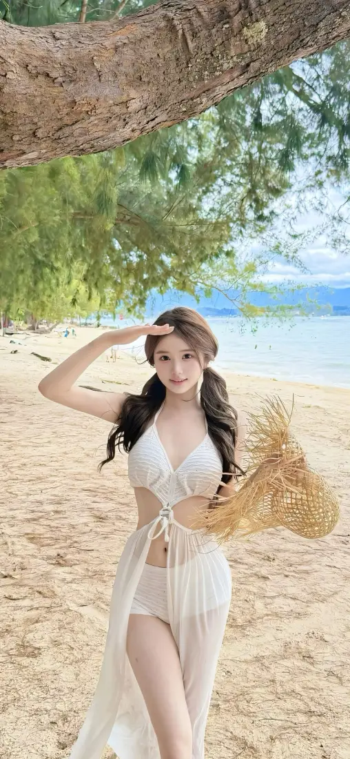 海滩美女手机壁纸｜海边背景图片 - 夏日草帽度假「哲风壁纸」