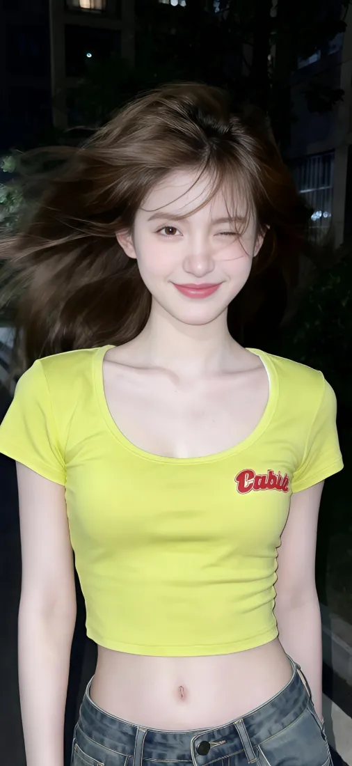 美女手机壁纸｜夜景背景图片 - 黄色上衣牛仔裤「哲风壁纸」