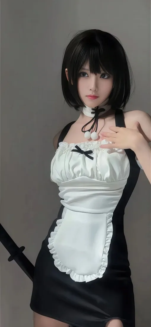 女仆装美女手机壁纸｜灰色背景 - 短发美女持剑「哲风壁纸」