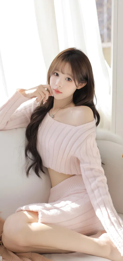粉色美女手机壁纸｜室内背景图片 - 优雅坐姿「哲风壁纸」