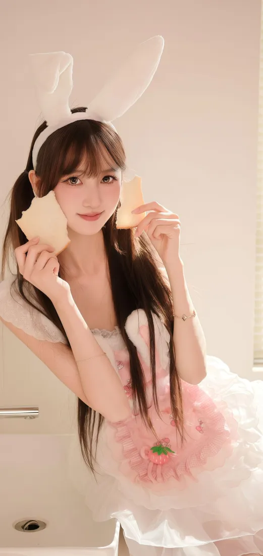 兔耳美女手机壁纸｜粉色背景图片 - Ios「哲风壁纸」
