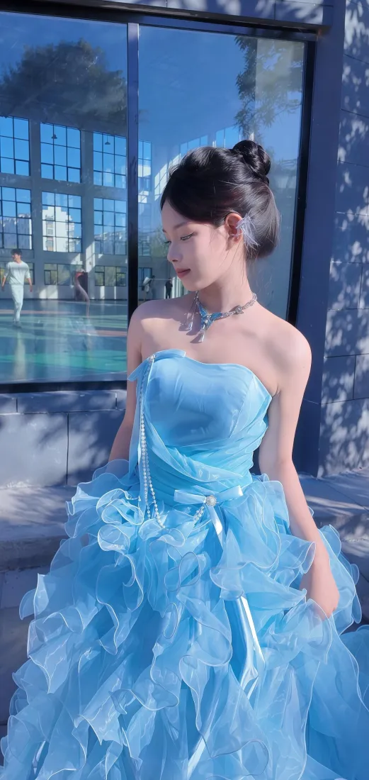 蓝色礼服美女手机壁纸｜都市泳池背景 - Ios「哲风壁纸」