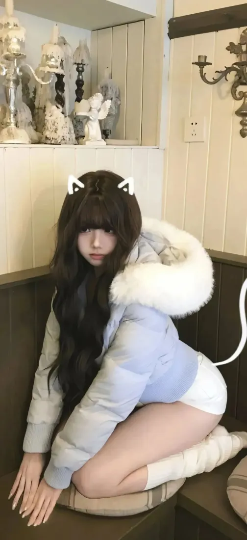 猫耳美女手机壁纸｜室内背景图片 - 浅蓝色外套「哲风壁纸」