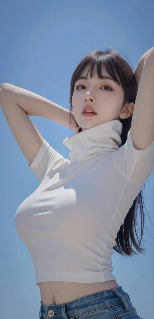 美女手机壁纸｜蓝天背景图片 - 白色上衣「哲风壁纸」