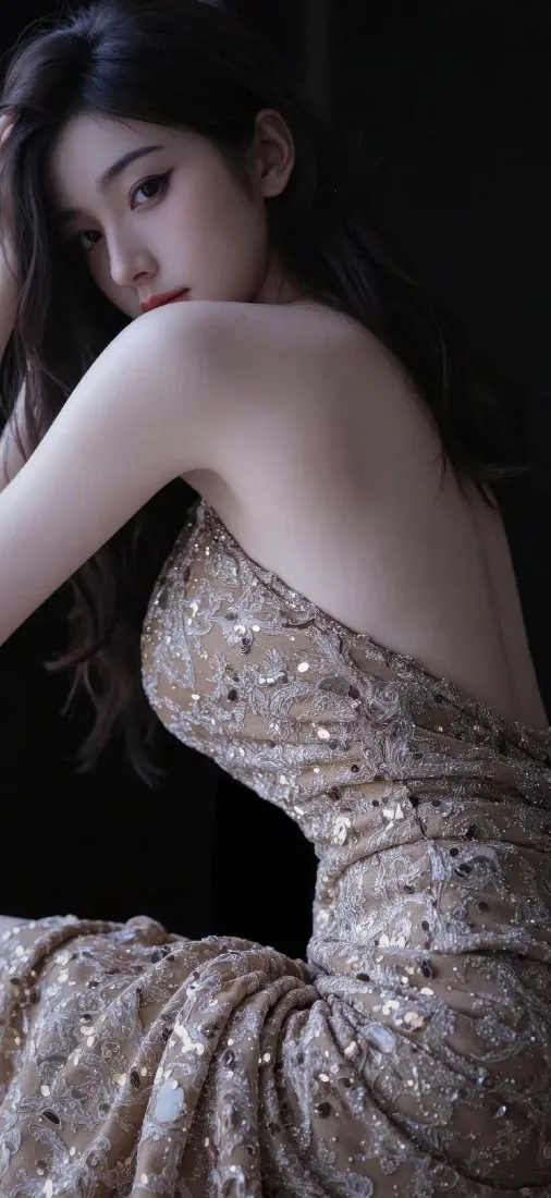 露背闪亮礼服美女手机壁纸｜暗色背景图片 - 迷人时尚性感「哲风壁纸」