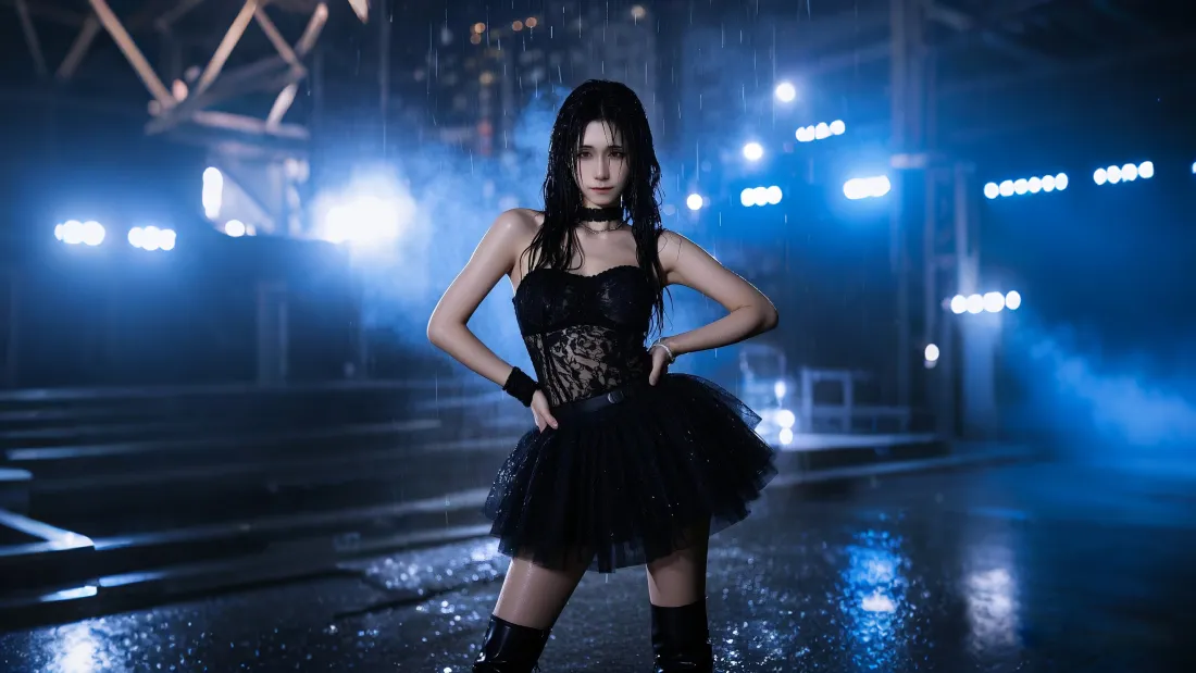4k黑衣美女壁纸｜雨夜舞台背景图 - 灯光时尚穿搭「哲风壁纸」