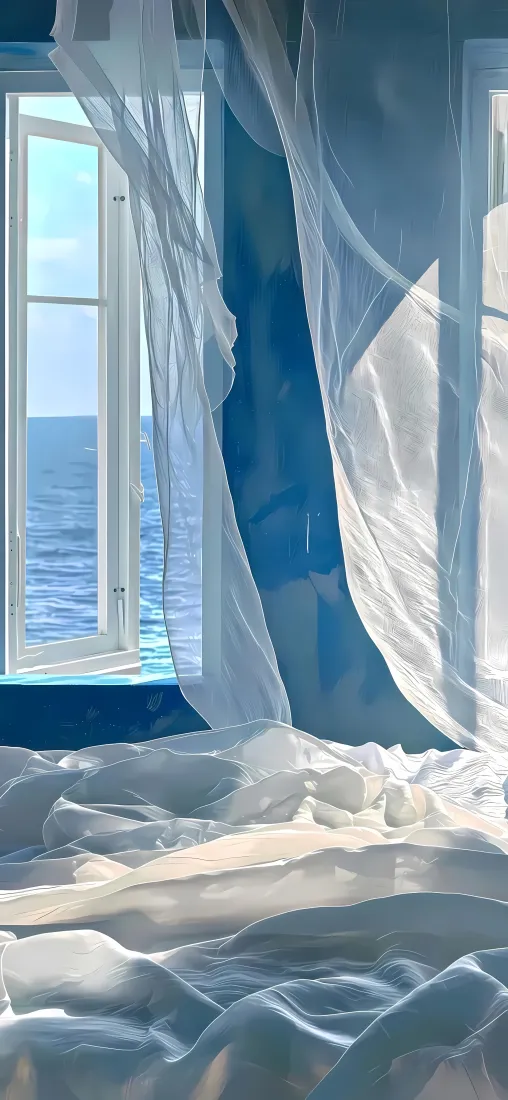 海边卧室手机壁纸｜ins风背景图片 - 白色窗帘蓝色墙「哲风壁纸」