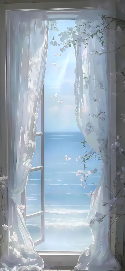窗户海景手机壁纸｜ins风背景图片 - 白色纱帘「哲风壁纸」