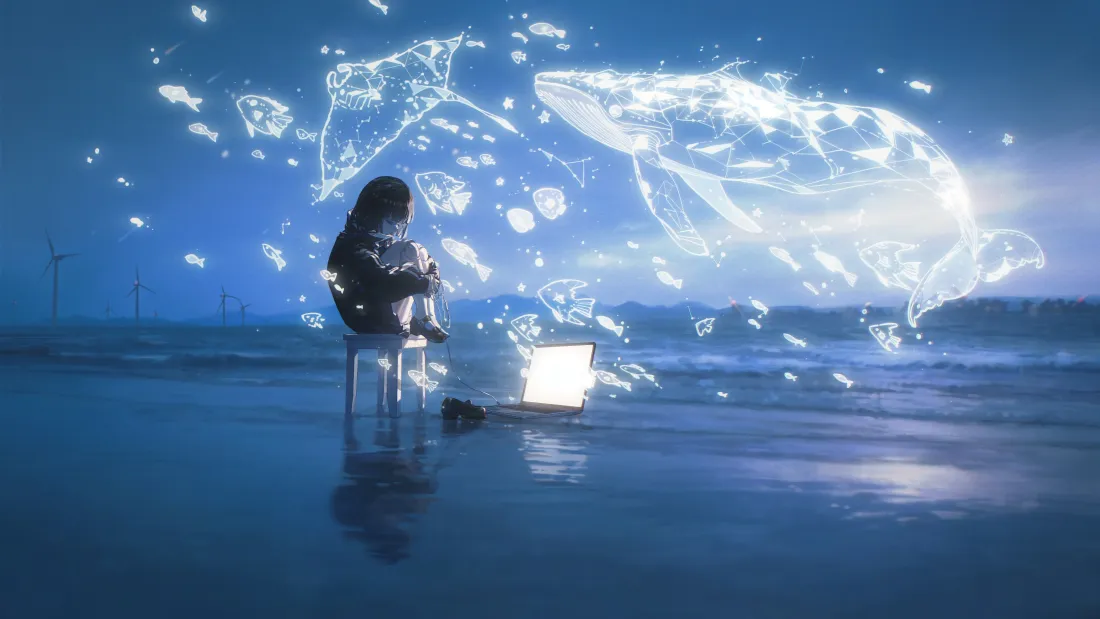 5k梦幻鲸鱼壁纸｜海面背景图片 - 女孩 发光鲸鱼 夜晚「哲风壁纸」