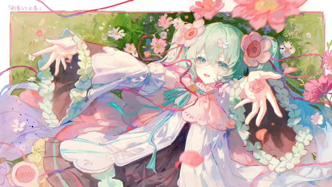 3k初音未来壁纸｜花朵背景图片 - 粉色系二次元插画「哲风壁纸」