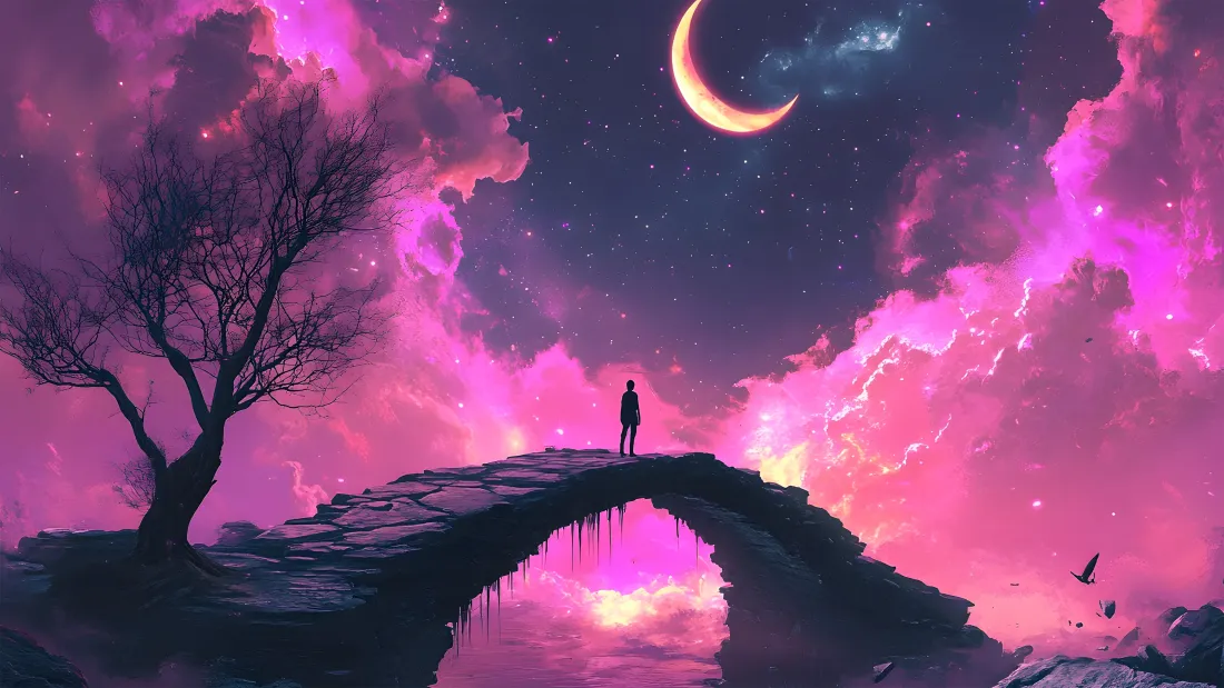 4k奇幻风景壁纸｜紫粉天空背景图片 - 拱桥人物月亮「哲风壁纸」