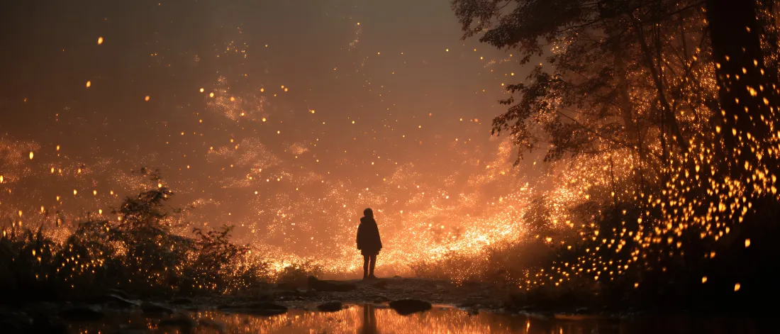 7k篝火人物剪影壁纸｜森林夜景背景图片 - 奇幻火焰「哲风壁纸」