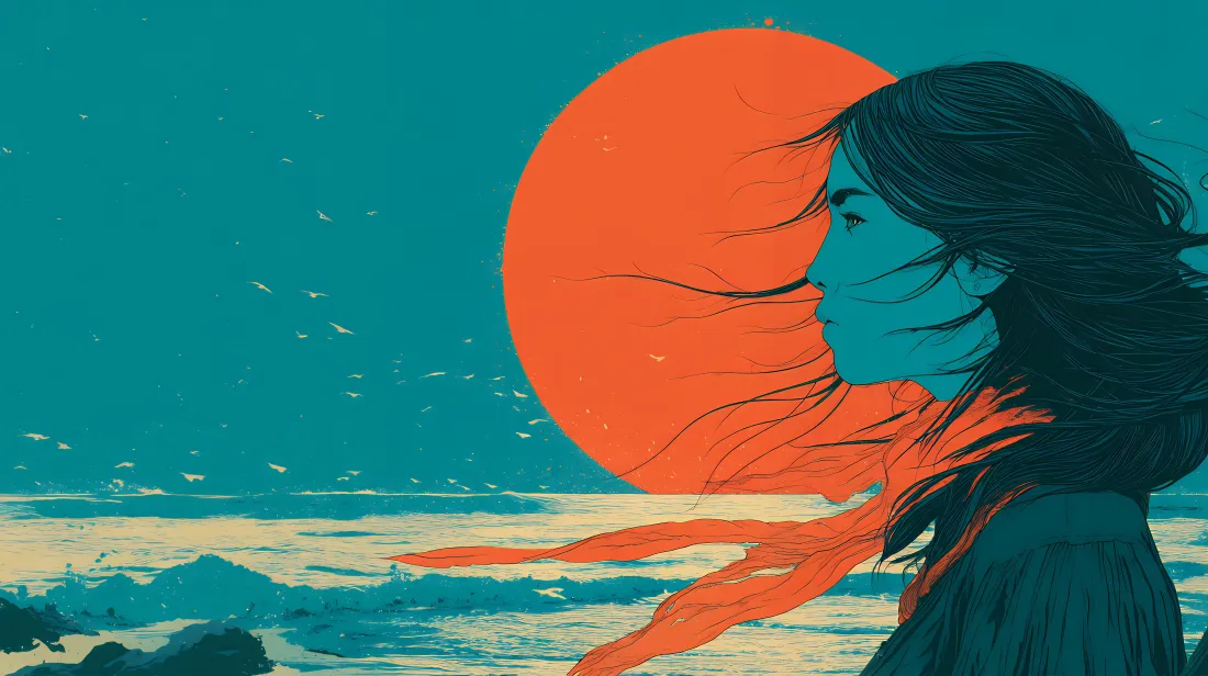 6k艺术插画壁纸｜蓝绿海背景图片 - 女子 橙色太阳 飞鸟「哲风壁纸」