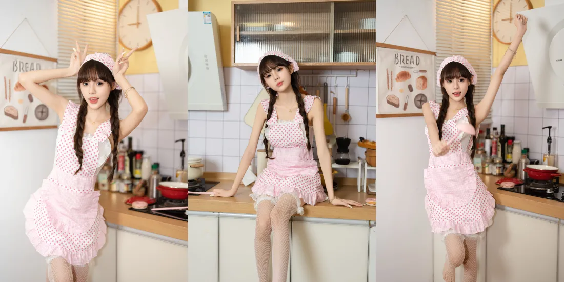 14k小厨娘壁纸｜厨房背景图片 - 粉色连衣裙性感美女「哲风壁纸」
