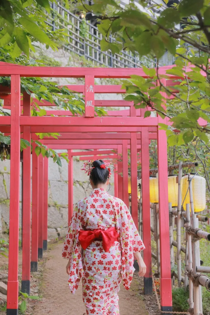 和服女性背影手机壁纸｜日式鸟居背景 - 碎花和服「哲风壁纸」