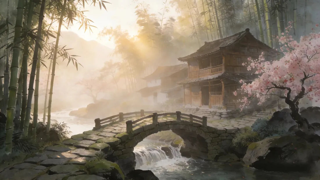 2k古风建筑壁纸｜水墨意境背景图片 - 竹林石桥溪流「哲风壁纸」