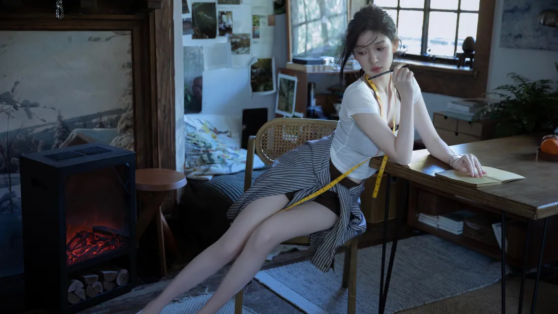 7k女生白衣黑裤坐姿壁纸｜室内壁炉背景图片 - 复古居家「哲风壁纸」