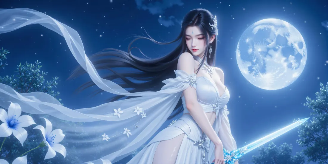 6k古风女子壁纸｜月夜背景图片 - 汉服 长剑 花朵「哲风壁纸」