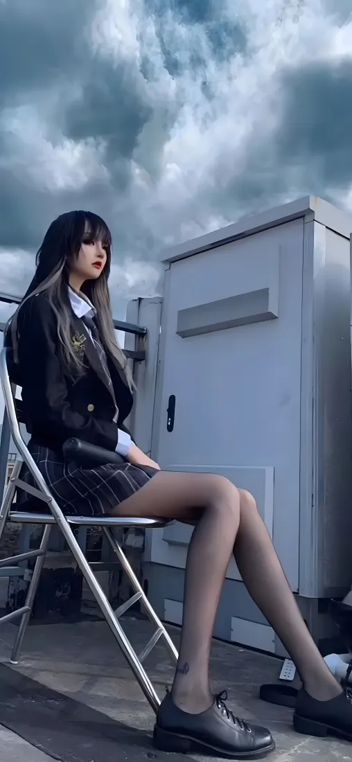 JK美女手机壁纸｜天台阴天背景 - 黑丝JK穿搭「哲风壁纸」