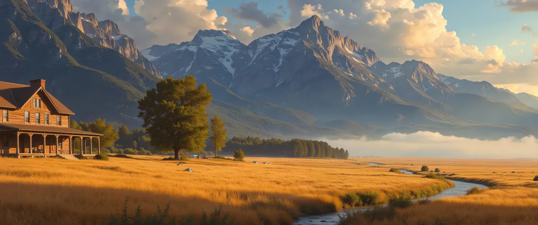 3k草原木屋山脉壁纸｜自然背景图 - 金秋田野晨雾「哲风壁纸」