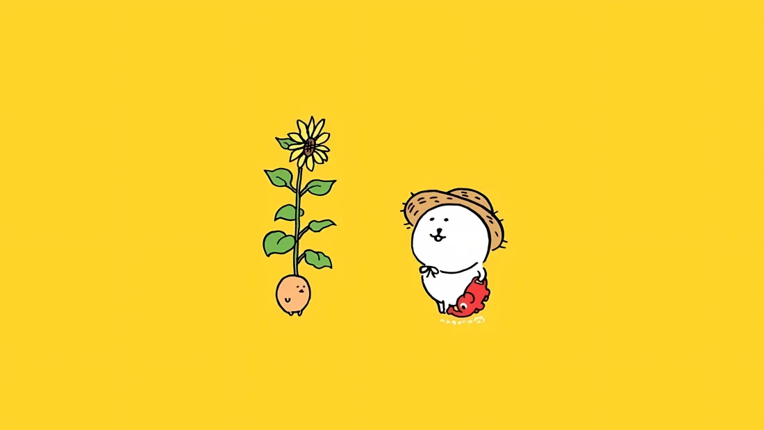 3k自嘲熊壁纸｜黄色背景 - 卡通植物与花「哲风壁纸」