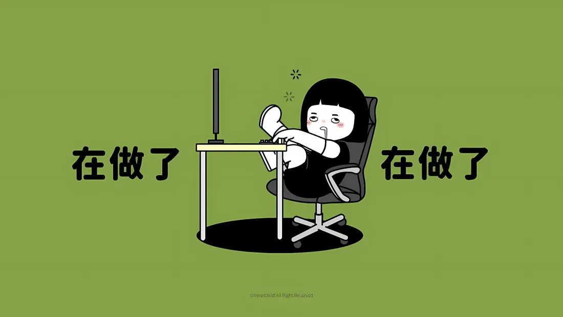 3k卡通小女孩壁纸｜绿色背景图片 - 工作拖延梗「哲风壁纸」