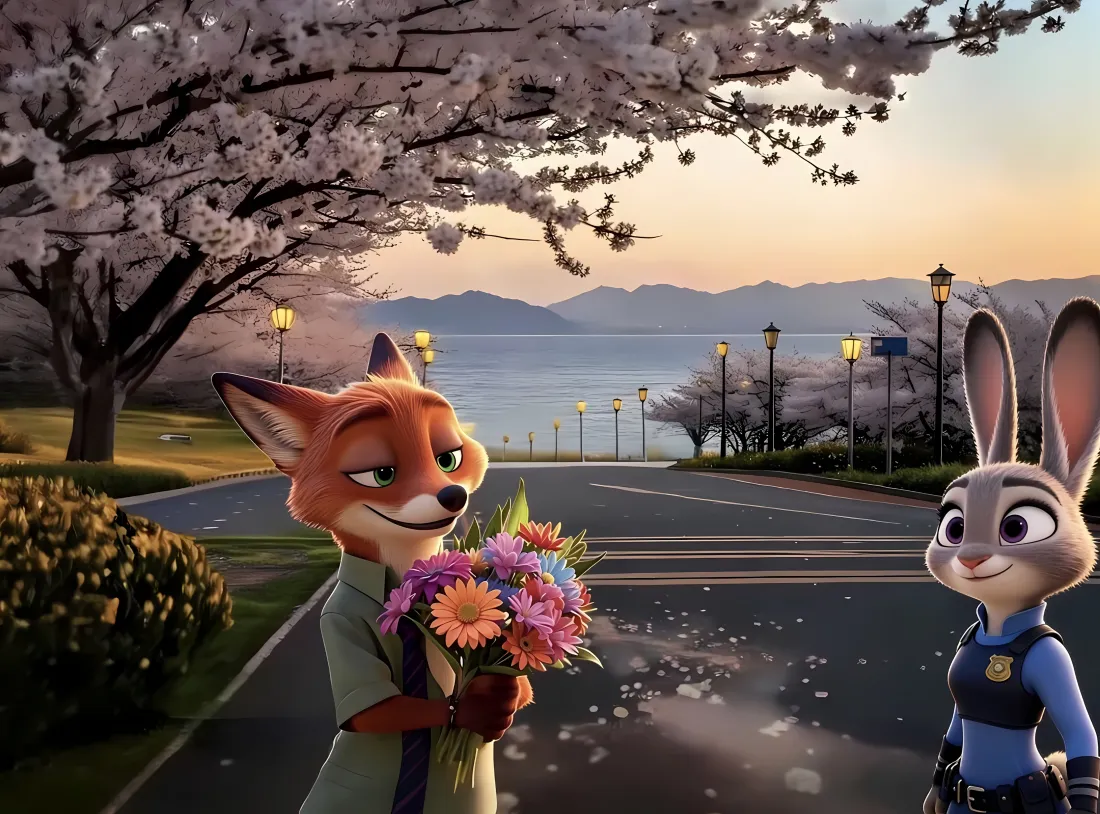 3k疯狂动物城壁纸｜樱花街道背景图片 - 朱迪狐尼克「哲风壁纸」